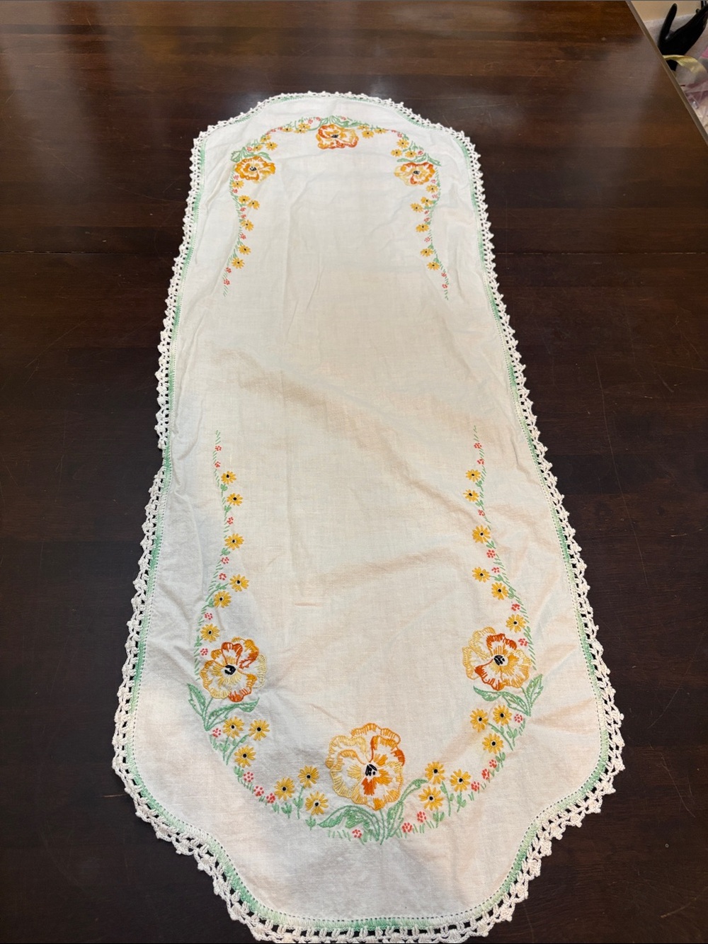 White Embroidered Floral Table Runner with Yellow Flowers